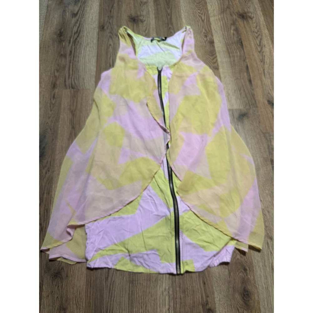 Volcom Dress Women Size Small Pink Yellow Mini Dress Sheer Luck Geometric